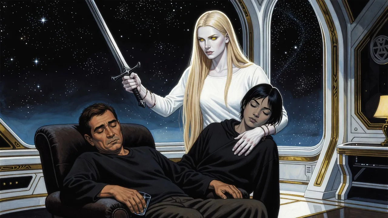 A tall golden-haired woman in a white shift raises an iron sword over a man asleep in a chair, an unconscious black-haired young woman over her other arm.