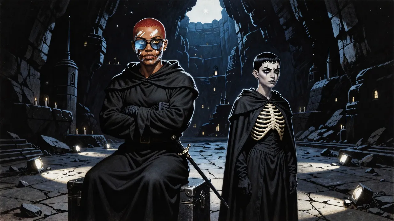 Two young women in black robes with skull-painted faces wait under floodlights in a vast stone pit at the bottom of a shaft, the red-haired one in mirrored sunglasses sitting on a battered trunk with a slim rapier at her hip, the small black-haired one standing apart in a cage of ivory ribs.