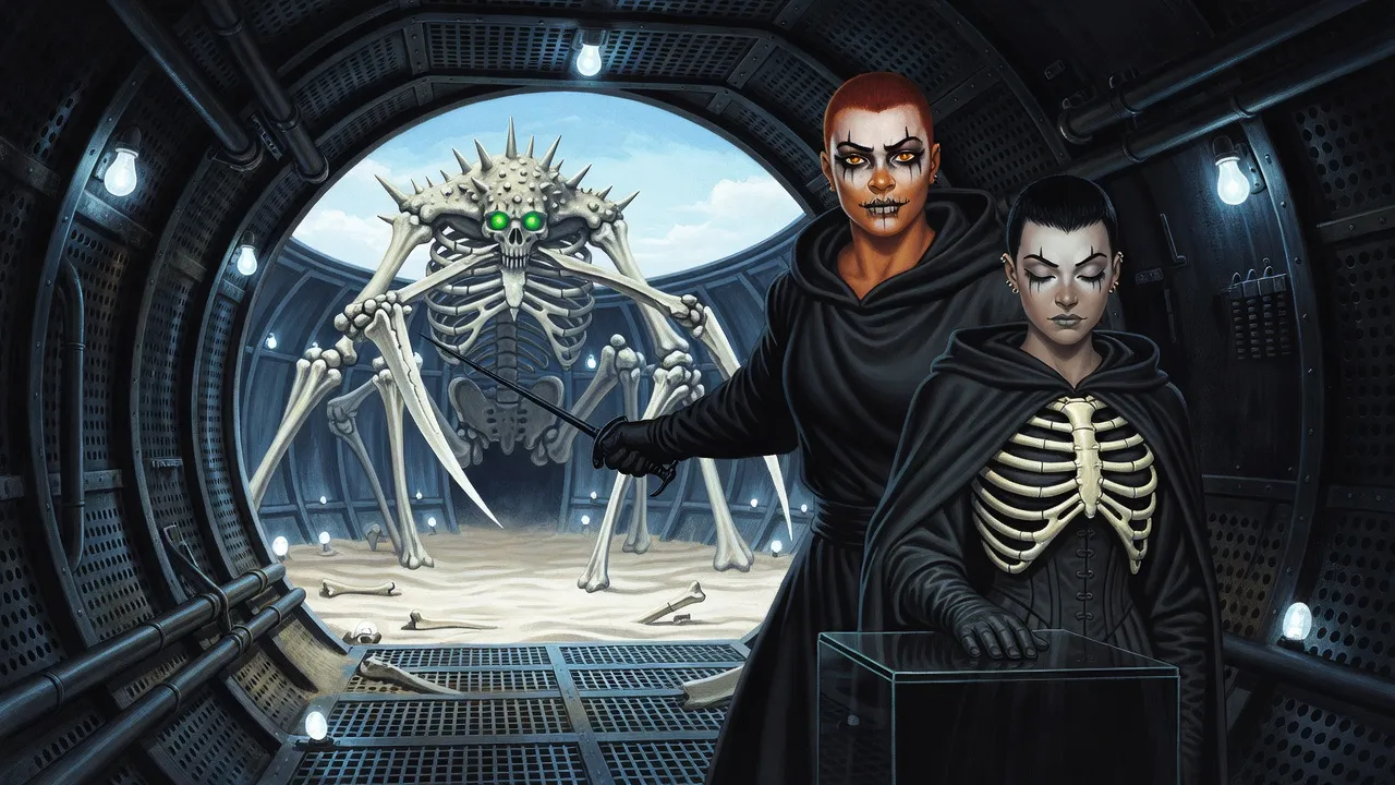 In a six-sided metal tunnel a red-haired young woman with a skull-painted face lunges with a slim rapier at a towering construct of pale bone with blade arms and small green eye-lights, while behind her a small black-haired young woman in a skull face stands with one gloved hand thrust into a black glass pedestal, eyes closed.