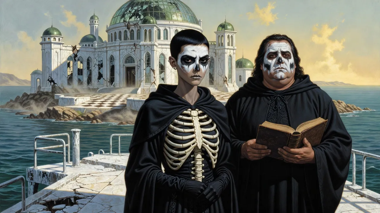 A small black-haired young woman with a painted skull face and a big sad heavy-set man in black robes and skull paint stand side by side on a sunlit dock before a huge decaying white palace on the sea, the man holding a thick bound book.