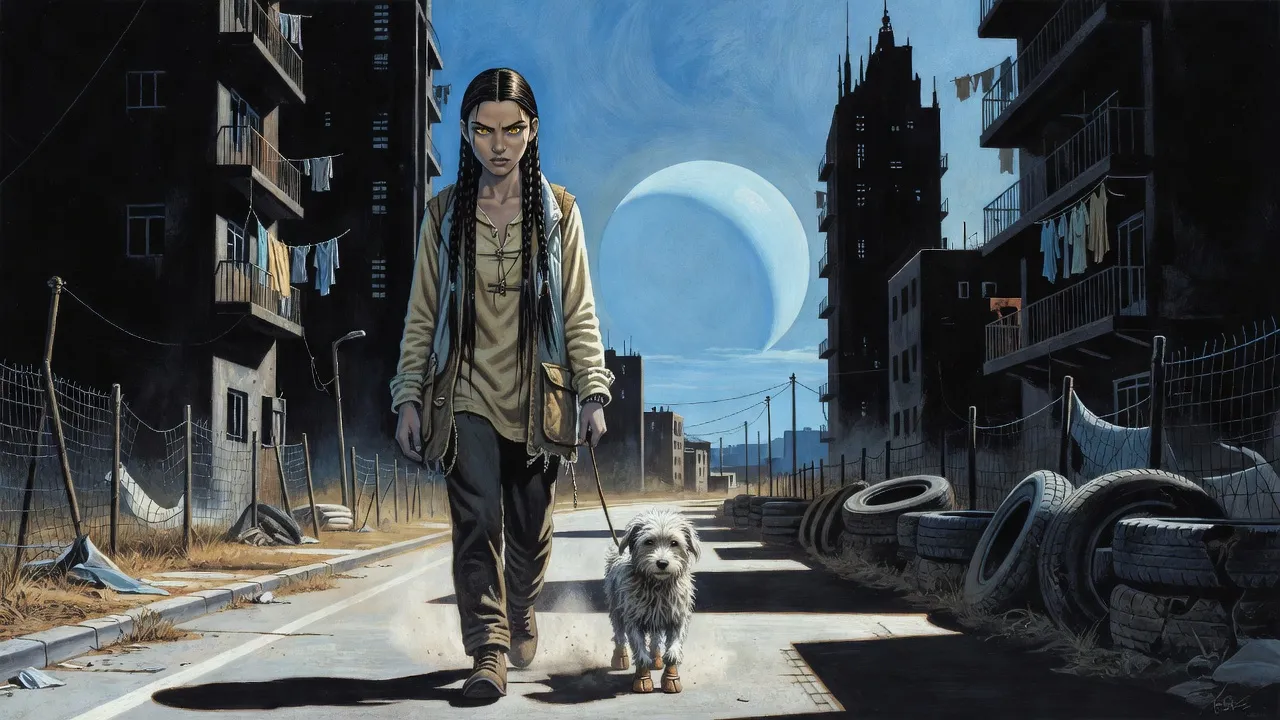 A young woman with a long black braid and gold eyes walks a small shaggy white six-legged dog on a lead down a hot dusty street of concrete tower blocks, a vast glowing blue sphere hanging low over the city behind her.