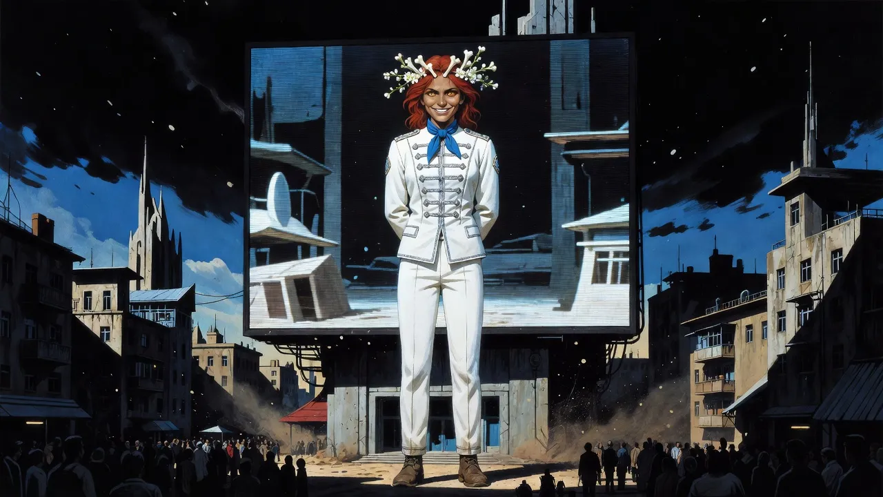 A giant outdoor screen above a hot dusty square shows a tall pallid red-haired young woman in a white uniform with silver frogging and a wreath of small white bones and blossoms, a crowd of dim shapes far below.