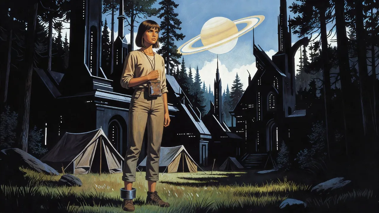 A lean dark-haired young woman in a plain sand-coloured shirt stands among drab tents in a temperate clearing, one hand closed around a small leather pouch at her throat and a dark band on her ankle, a huge pale ringed planet hanging in the daytime sky.
