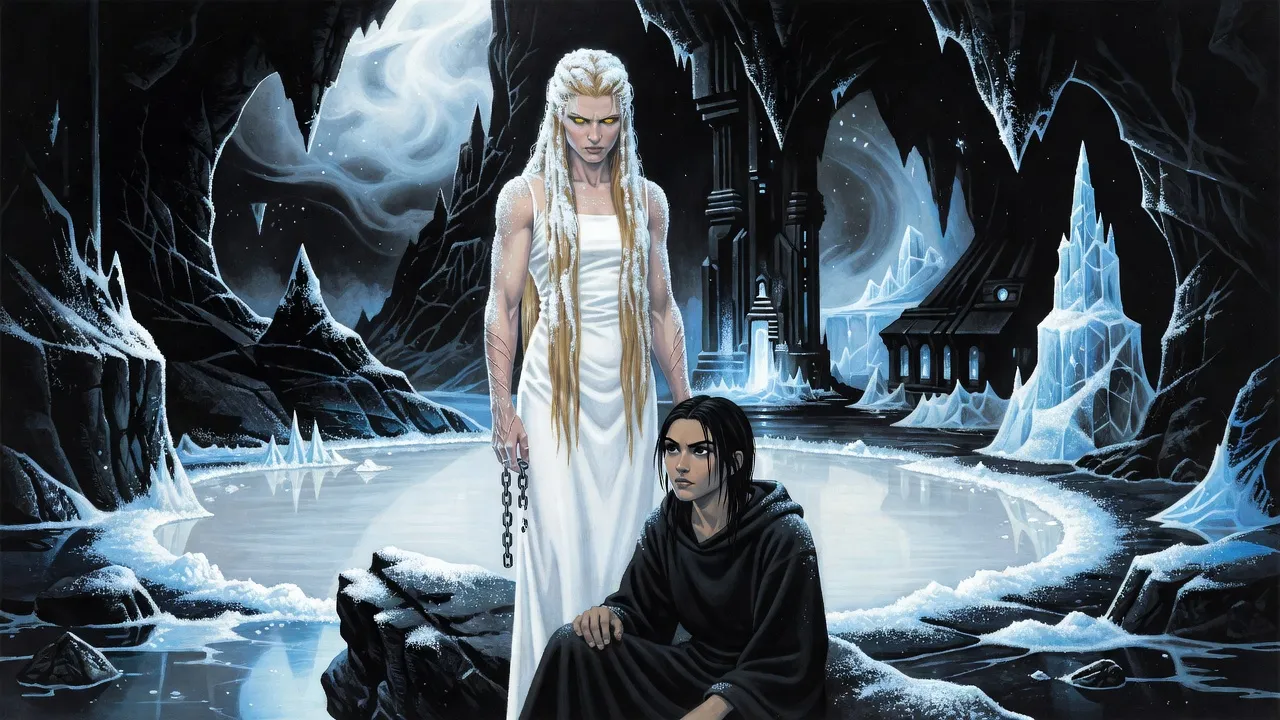 In a black cavern of ice and rock a tall frost-pale woman with long pale-gold hair and amber eyes, in a plain white shift, stands with a broken chain hanging from her wrist, looking down at a thin black-haired young woman in black robes who is sitting up on the rock and staring back at her.