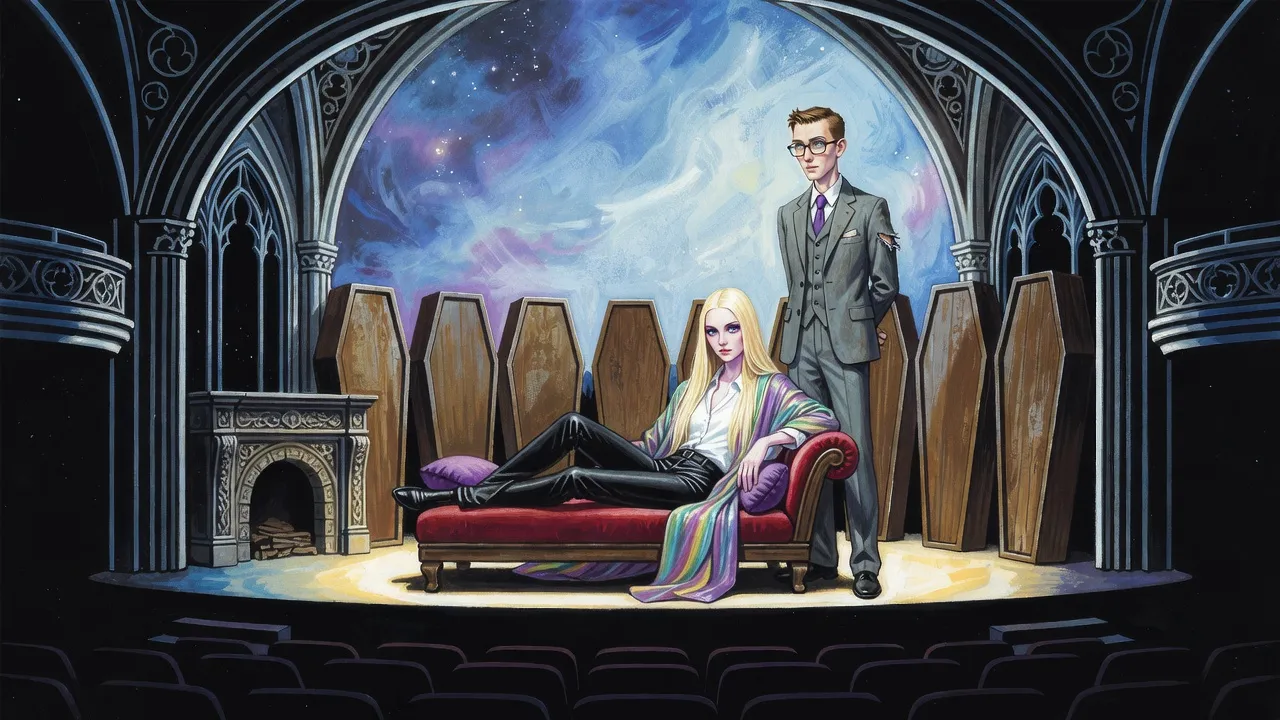 On a dark theatre stage, a pale blonde woman in a shimmering rainbow robe lounges on a red chaise longue before a semicircle of upright wooden coffins while a bespectacled young man in a torn grey suit stands beside her, hands behind his back.