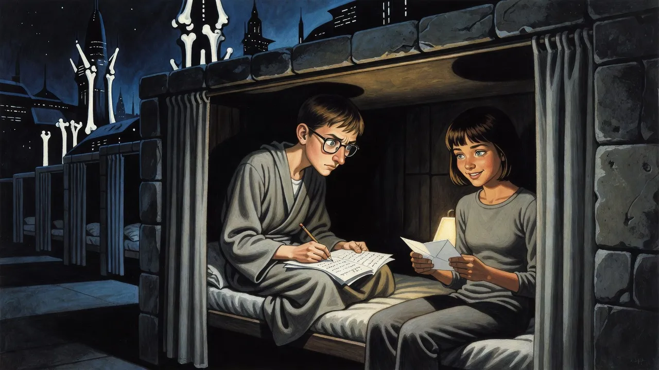 Two teenagers sit at either end of a narrow curtained bunk set into a grey dormitory wall, a bespectacled boy hunched under the low ceiling with papers on his knees and a dark-haired girl reading a folded letter.