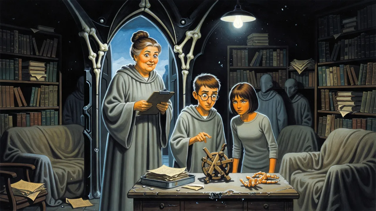 In a tiny dusty study crammed with bookshelves under one bare bulb, a tall grey-haired woman with a clipboard, a bespectacled teenage boy and a dark-haired girl look at two orange-stained skeletal hands lying on an old desk beside a wooden puzzle ball.