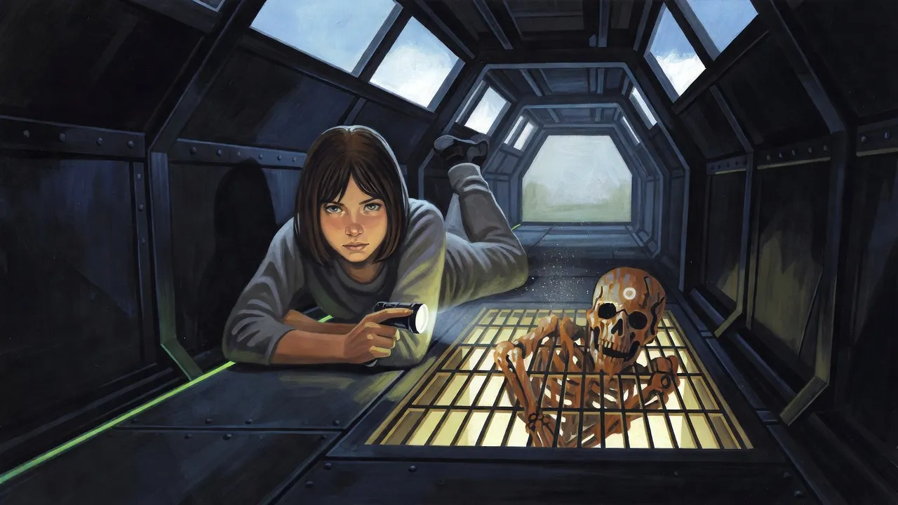 A dark-haired girl lies on her elbows in a narrow square duct lit by a faint green strip, shining a torch on a crumpled orange-stained skeleton whose arm is jammed through a glowing ceiling grille.
