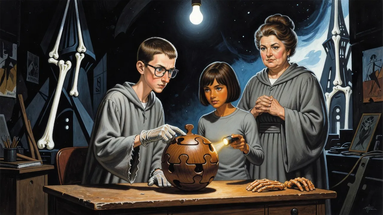 A bespectacled teenage boy in plastic gloves pushes the last wooden bar into a polished wooden sphere on a dusty desk while a dark-haired girl holds a torch on it and a tall woman watches from behind.