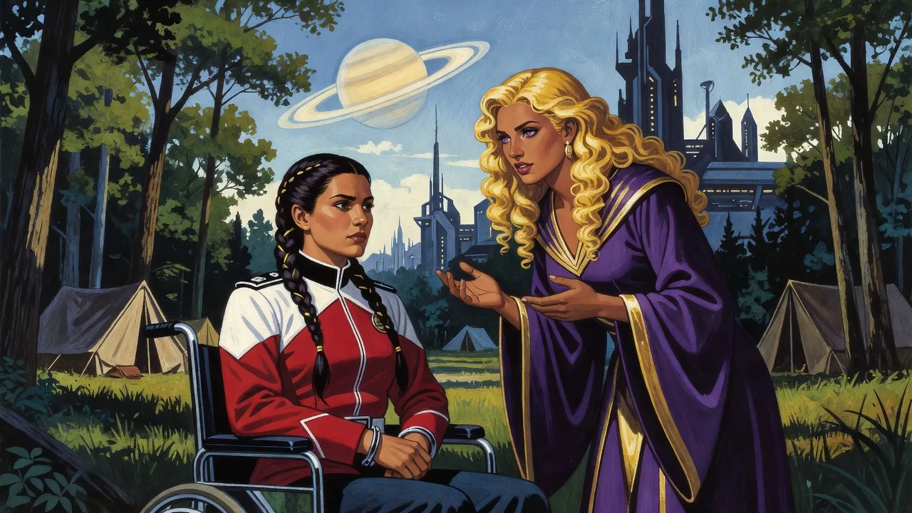 A dark-braided woman in a scarlet-and-white uniform sits in a wheelchair with cuffed hands in a forest clearing while a golden-curled woman in violet talks to her, a huge ringed planet pale in the daytime sky.