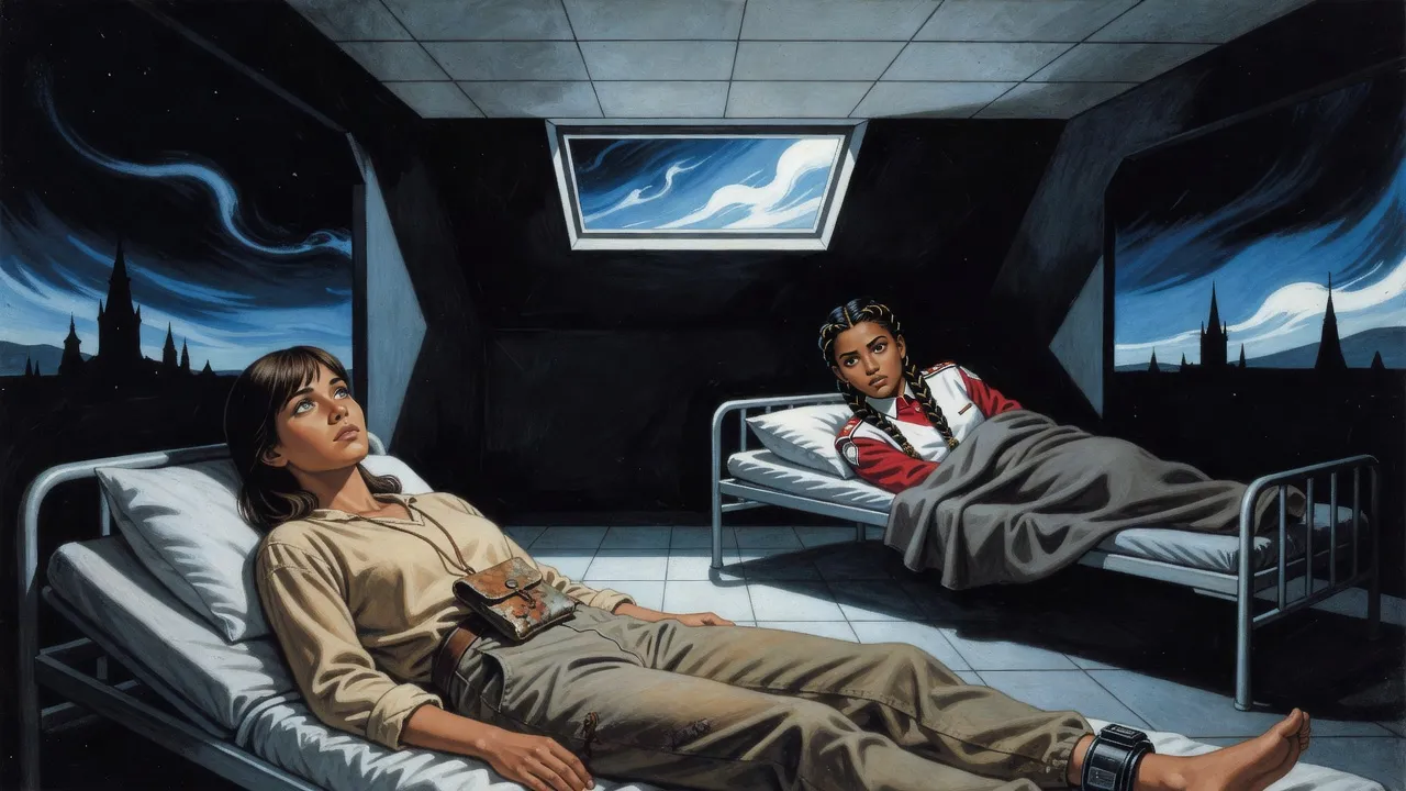 Two women lie on their backs on narrow cots against opposite walls of a bare ward, both gazing up at a ceiling of square tiles, one with a small leather pouch on a cord at her throat.