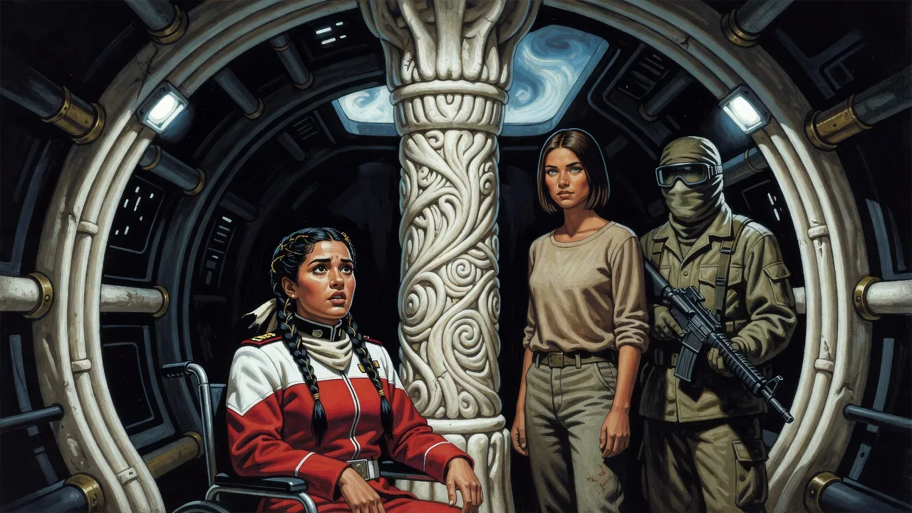 In the cramped bone-ribbed hold of an old warship, a uniformed woman in a wheelchair stares up at a tall carved column while a masked soldier holds a rifle beside a dark-haired young woman.