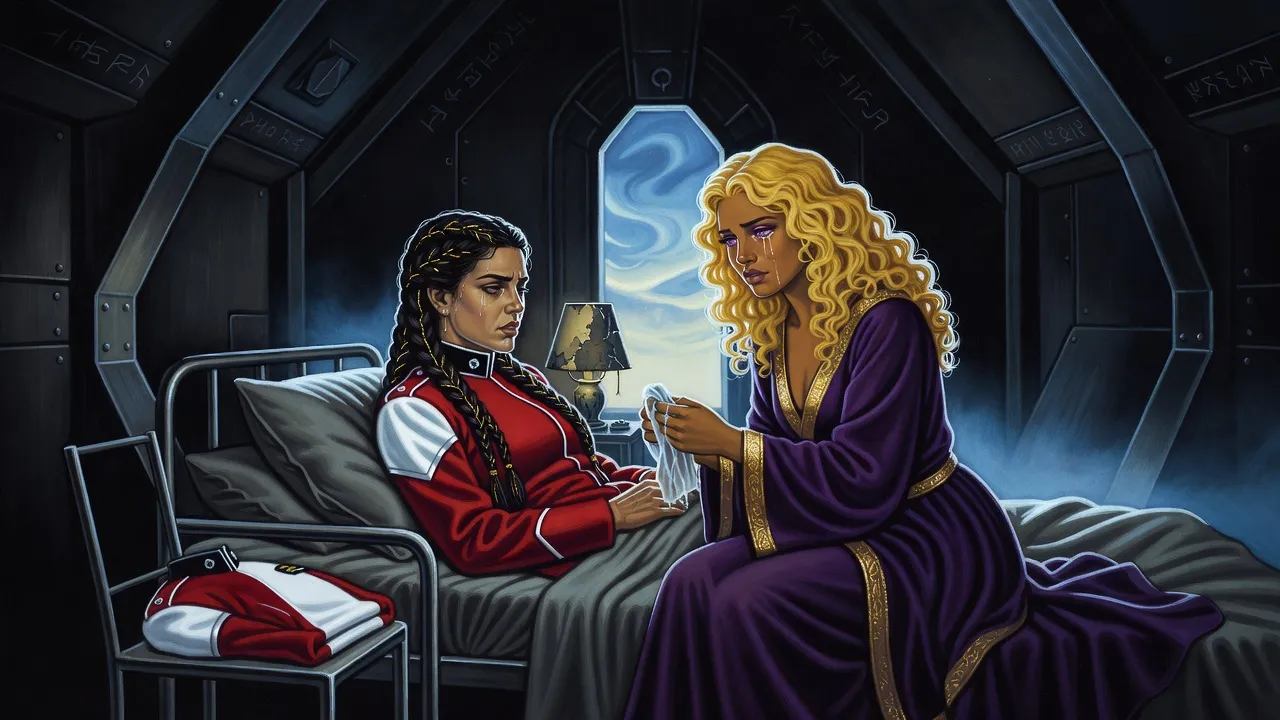 A golden-curled woman in violet sits weeping at the bedside of a gaunt dark-braided woman lying in a narrow bed, holding a damp cloth near her lips in a dim bare room.