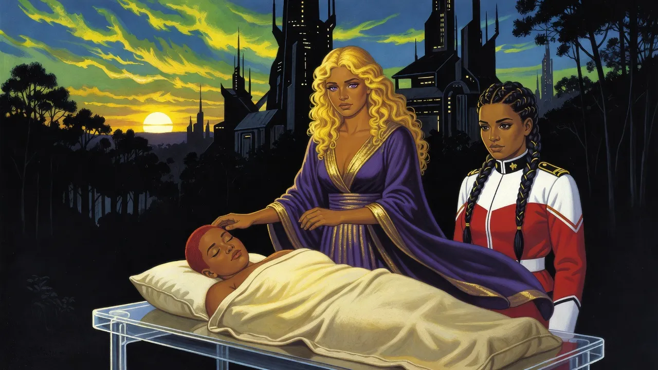 At dusk under a green and yellow sky, a golden-curled woman gently touches the red hair of a calm young woman lying as if asleep under pale canvas on a clear table, while a uniformed woman stands beside her.