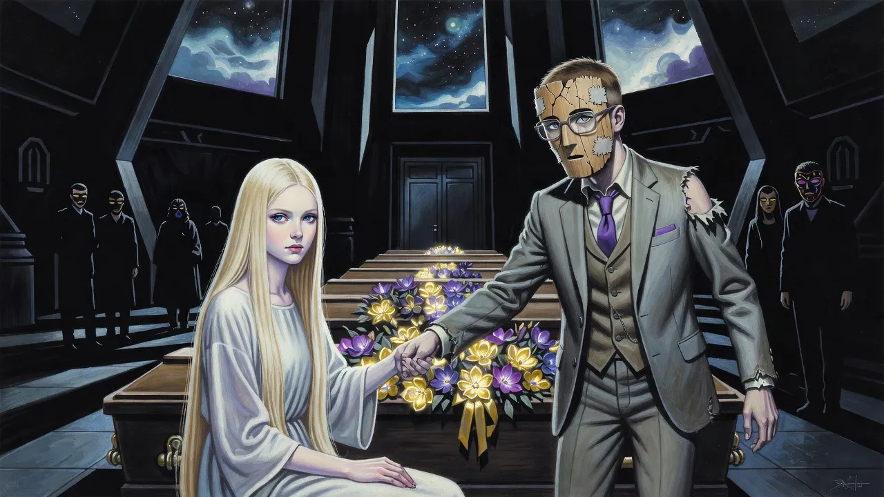 In a dim bare room lined with plain wooden coffins, a pale blonde woman sits bolt upright among gold and violet flowers in the front coffin, gripping the arm of a man in a cracked wooden mask.