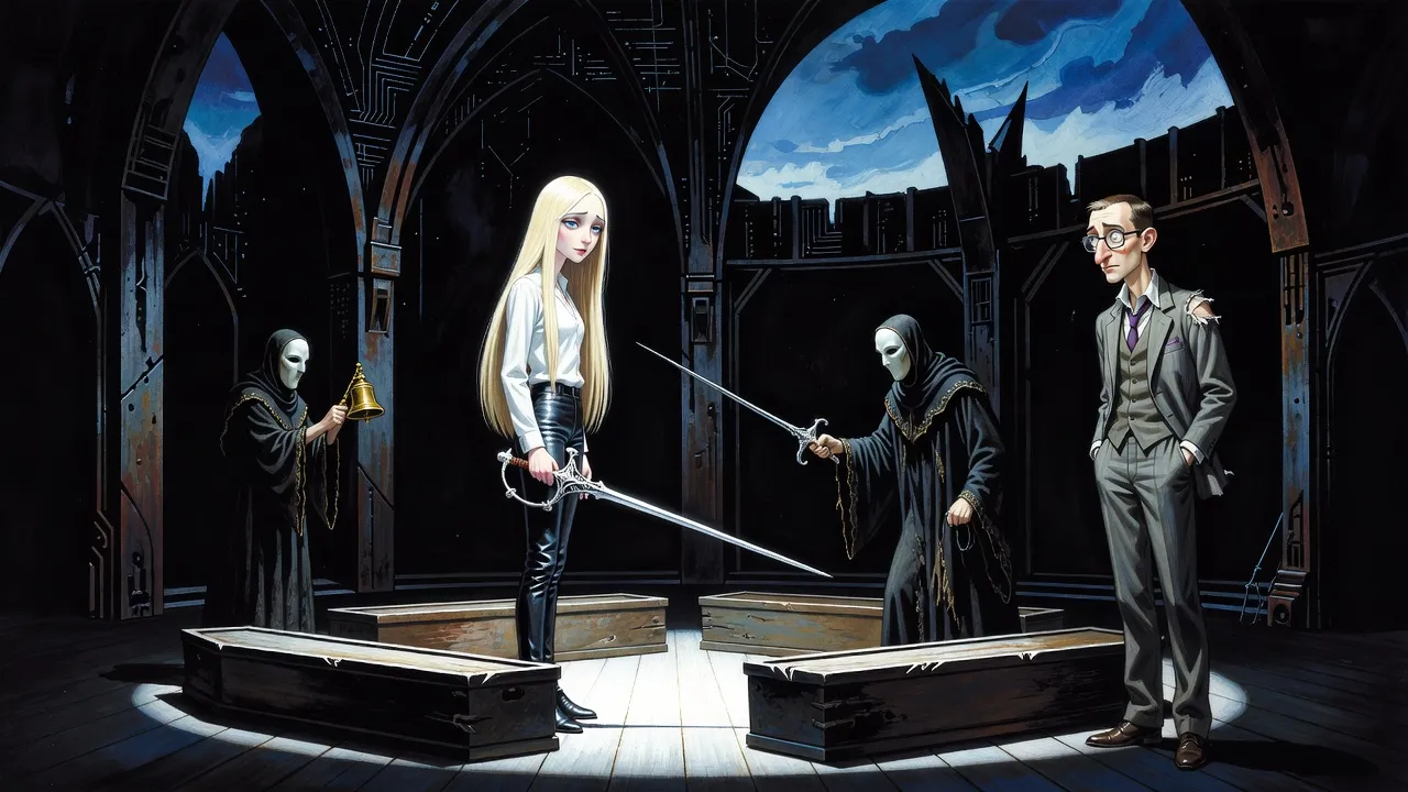 On a dark stage, a pale blonde woman with a rapier flicks aside a robed, masked attendant’s blade inside a ring of wooden coffins laid on their sides, while a bespectacled man in a torn grey suit watches and another attendant holds up a small golden bell.