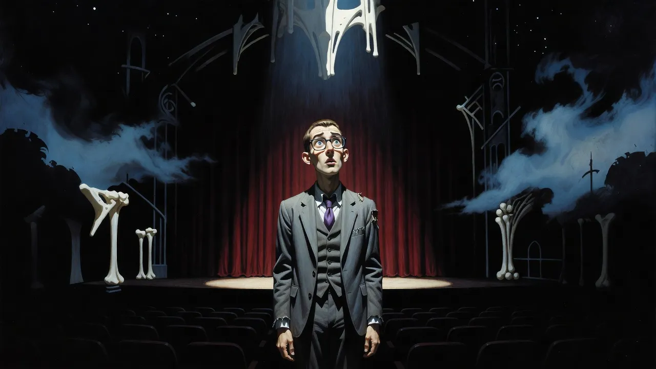 A bespectacled young man in a torn grey suit stands alone in a single shaft of light before a dark stage curtain, gazing out dazzled into an unlit theatre.