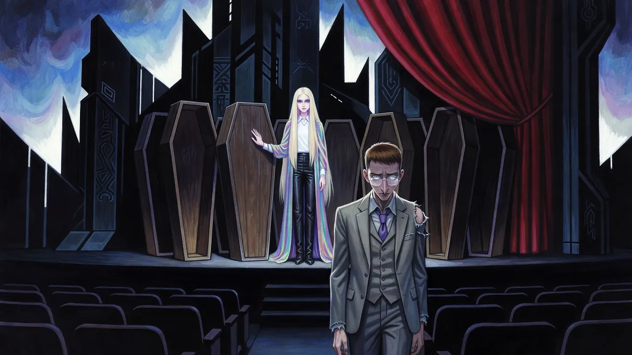 On a dark stage of open, empty wooden coffins, a pale blonde woman in a rainbow robe stands alone with one hand on the single closed coffin while a man in a torn grey suit walks away up the aisle of an empty theatre.