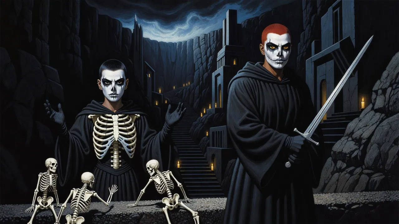 Two young women in black robes stand on a rock ledge in a vast dark shaft lit by candle-lit windows; both with painted skull faces; the small one raises her hands as skeletons climb up out of the grit, while the tall red-haired one holds a longsword ready in front of her.