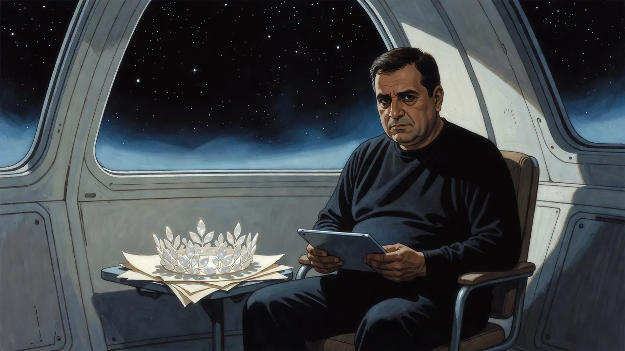 An ordinary-looking dark-haired man with black whites to his eyes sits in a plain chair in a pale cabin, reading a tablet, loose papers and a crown of pale shimmering leaves on the table beside him.