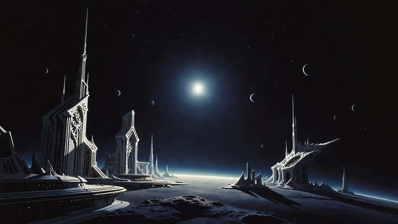 A small fierce white star burns in black space above a pale airless world of white spired buildings, its light catching a few distant planets as faint crescents.
