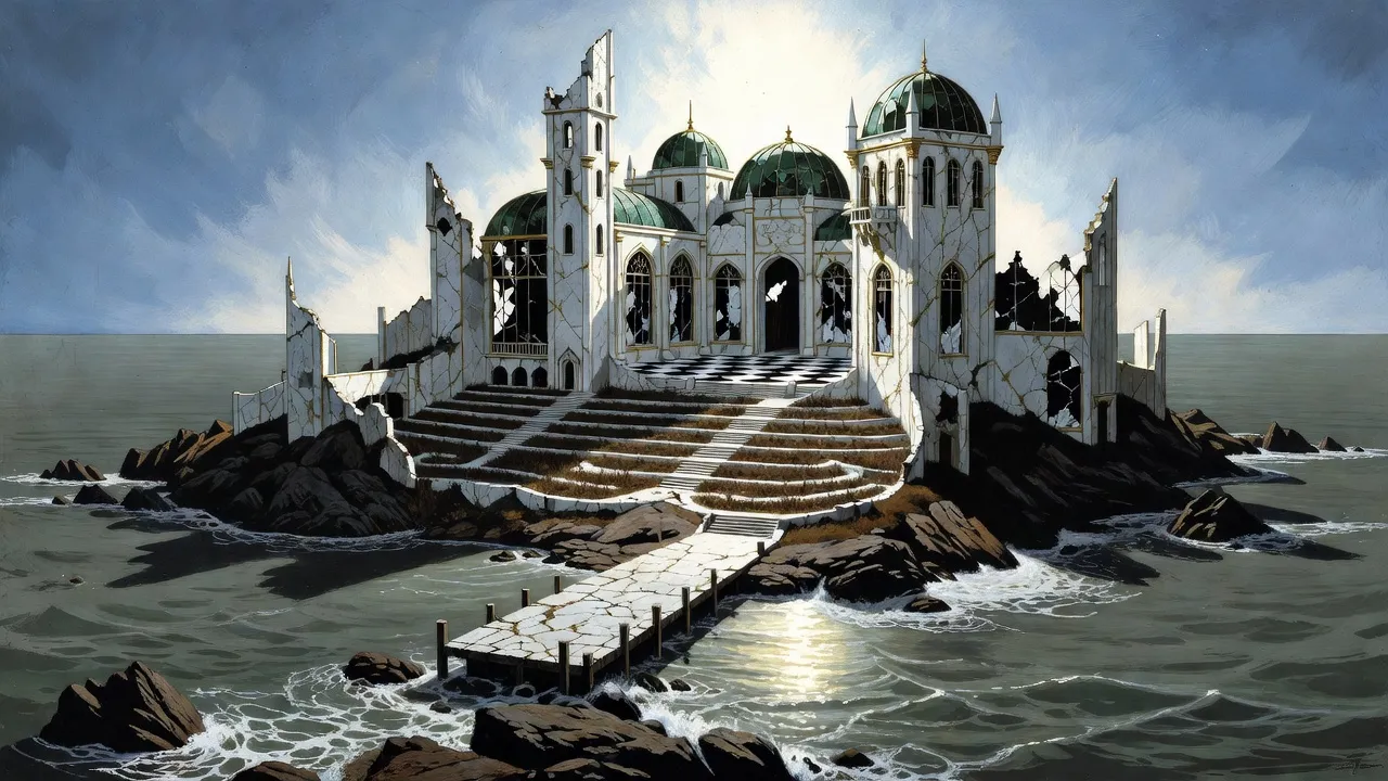 A huge crumbling palace of white stone and greenish glass domes spreads across a rocky island in a grey-green sea under a glaring pale sky, its towers broken and its terraced gardens dead.
