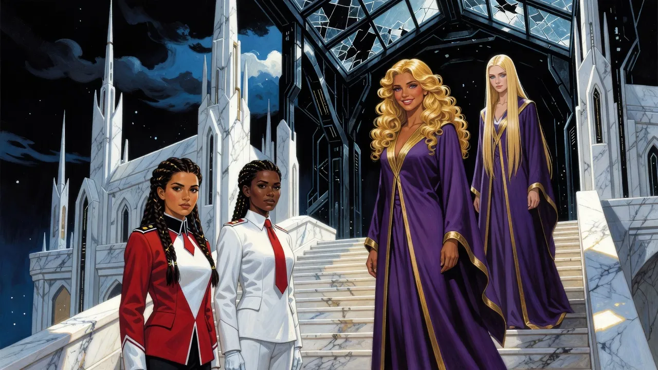 Two women in scarlet-and-white military uniforms stand at attention on the left of a sunlit marble stair, while on the right two blonde women in violet robes, one radiant with golden curls and one pale and straight-haired, look down at them.