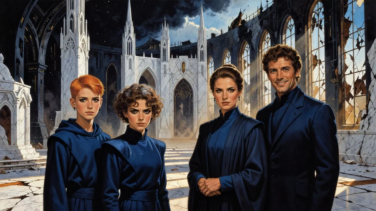 A skinny orange-haired teenage boy in navy robes and a fierce curly-haired teenage girl in a navy tunic stand together in a dusty marble hall, while a neat brown-haired woman in dark blue robes and her cheerful curly-haired husband in a fine dark blue coat stand smiling beside them.