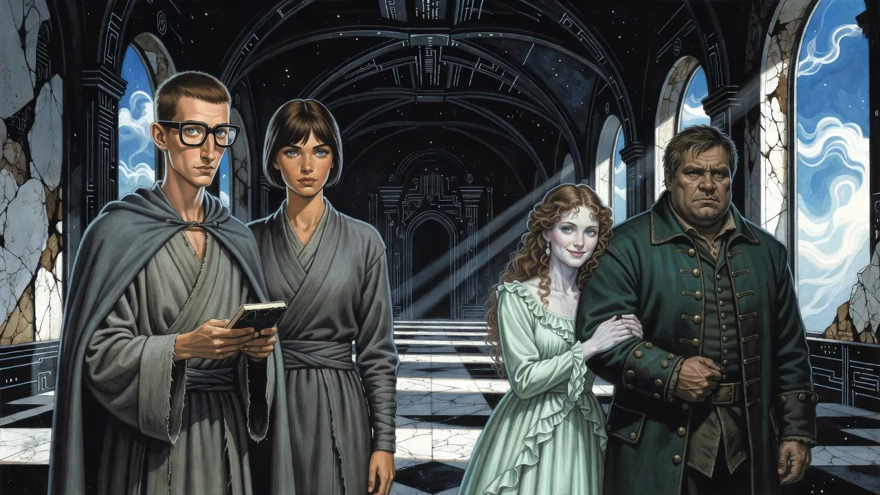 A tall young man in thick spectacles and grey robes reads beside a dark-haired young woman in close grey robes, while across the hall a frail curly-haired woman in a frilled sea-green gown leans on her enormous silent cavalier in a dark green coat.