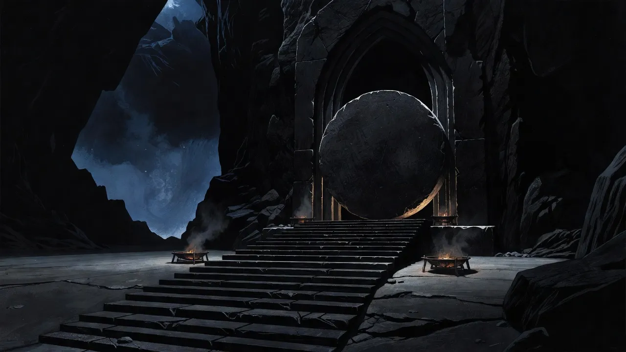 At the bottom of a long stair cut into black rock, a great round stone sits across a doorway, lit by a few low braziers in the dark.