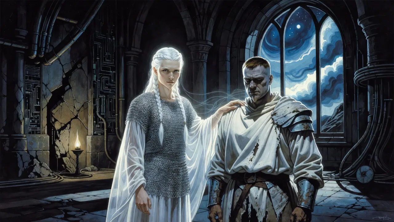 A very pale white-haired youth in white robes and silver chain mail rests his hand on the shoulder of a big scarred man in white, the colour draining out of the older man’s face, in a dim stone room.
