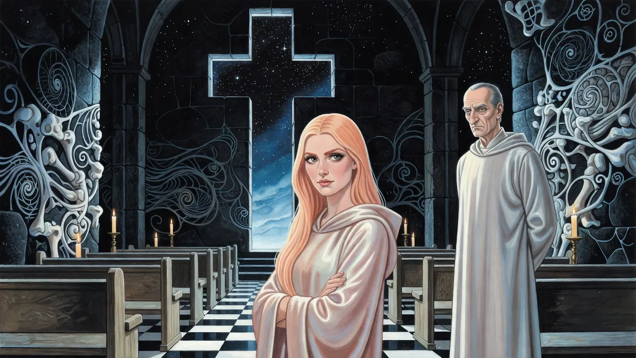 A sharp-featured woman with long peach-coloured hair and a tall grey-haired aristocrat, both in long shimmering white robes, stand apart in a gothic chapel of dark stone and bone, a cross-shaped window full of stars behind them.