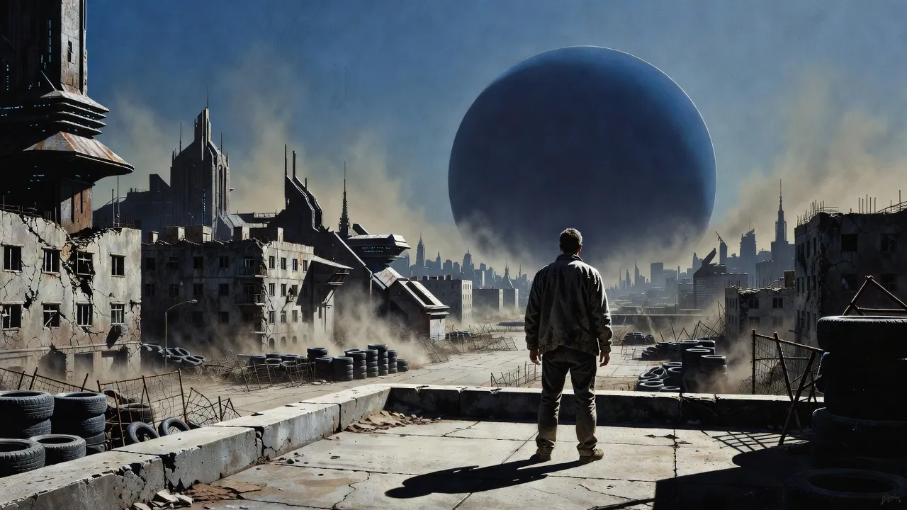 A lone figure on a concrete rooftop, seen from behind, looks out over a hazy ruined city at a vast dim blue sphere filling the horizon.