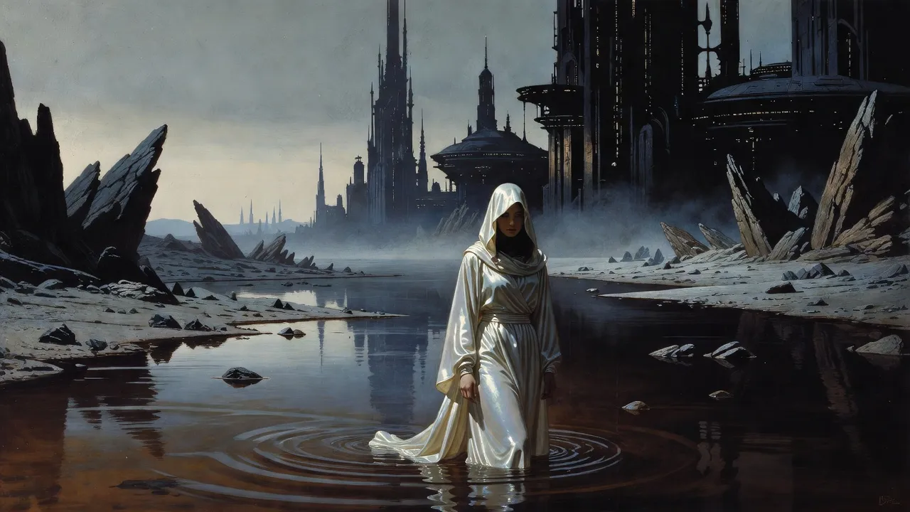A lone hooded figure in a long shimmering robe, face shadowed under the hood, wades waist-deep into murky rust-brown water off a grey shore of jagged rocks, under a sky of dull grey light.