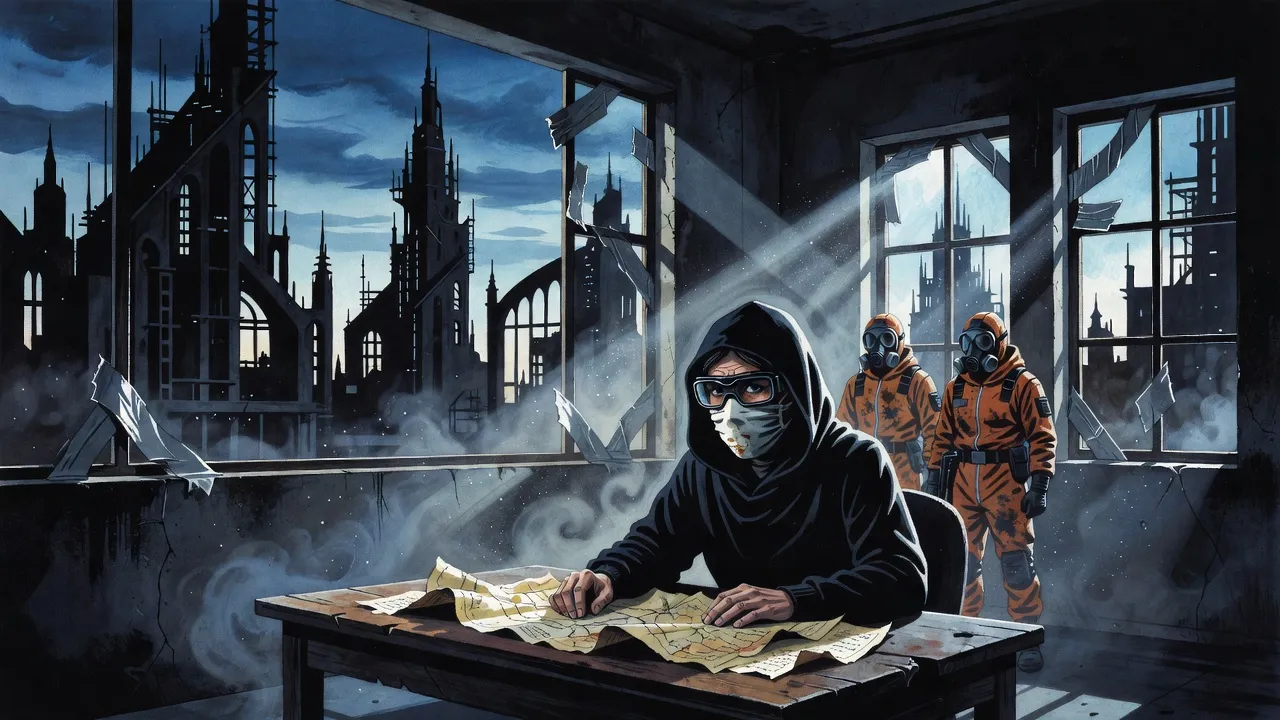 A woman in a plain white mask, black goggles and a deep black hood sits at a table spread with maps in a bare concrete room, two masked fighters in hazard gear standing at the window behind her.