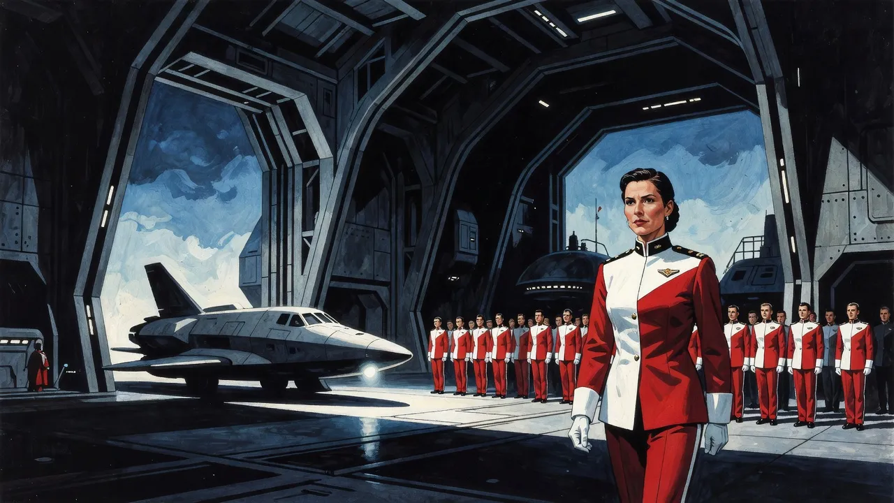 Ranks of soldiers in scarlet-and-white uniforms stand at attention in a vast grey steel hangar before a waiting shuttle, a single officer walking the line.
